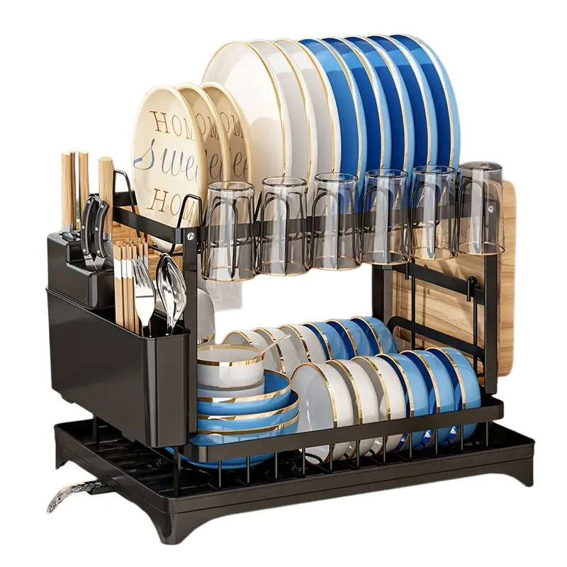 1pc Large Capacity 2-Tier Dish Drying Rack with Drainboard, Double-Layer Bowl & Cup Rack, Detachable
