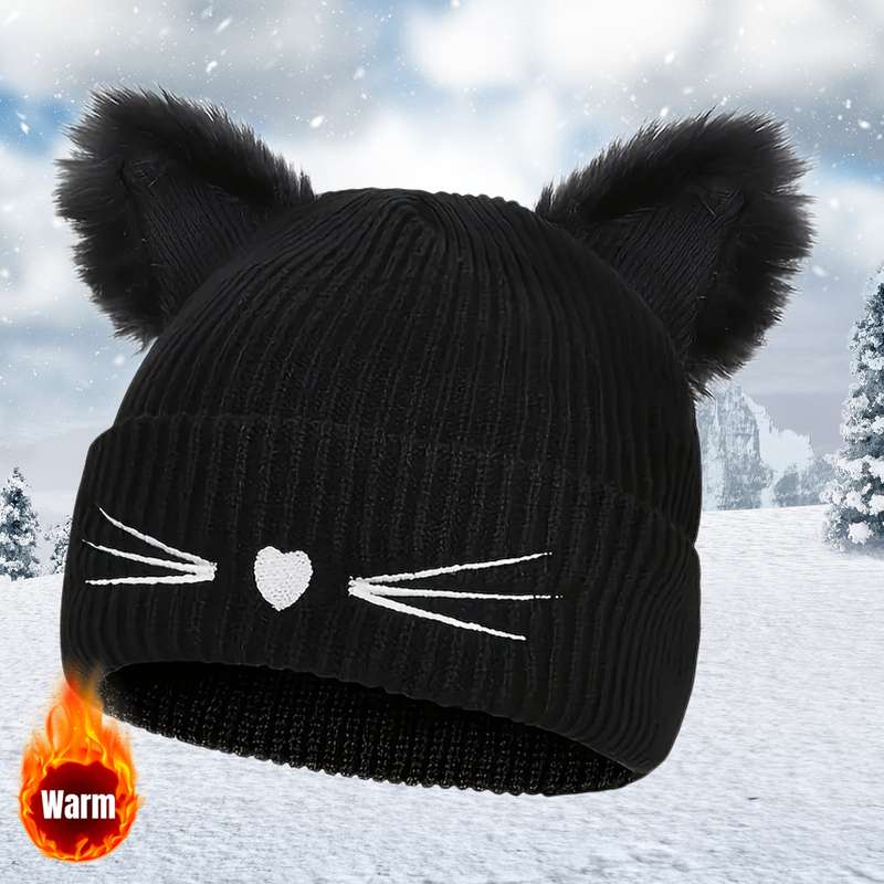 1pc Women's Cute Cat Ear Knit Beanie with Embroidery Acrylic Stretch Skull Cap for Winter Warmth
