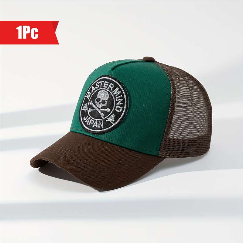1pc Skull Letter Patchwork Mesh Baseball Cap Lightweight Breathable Sun Hat for Outdoor Activi