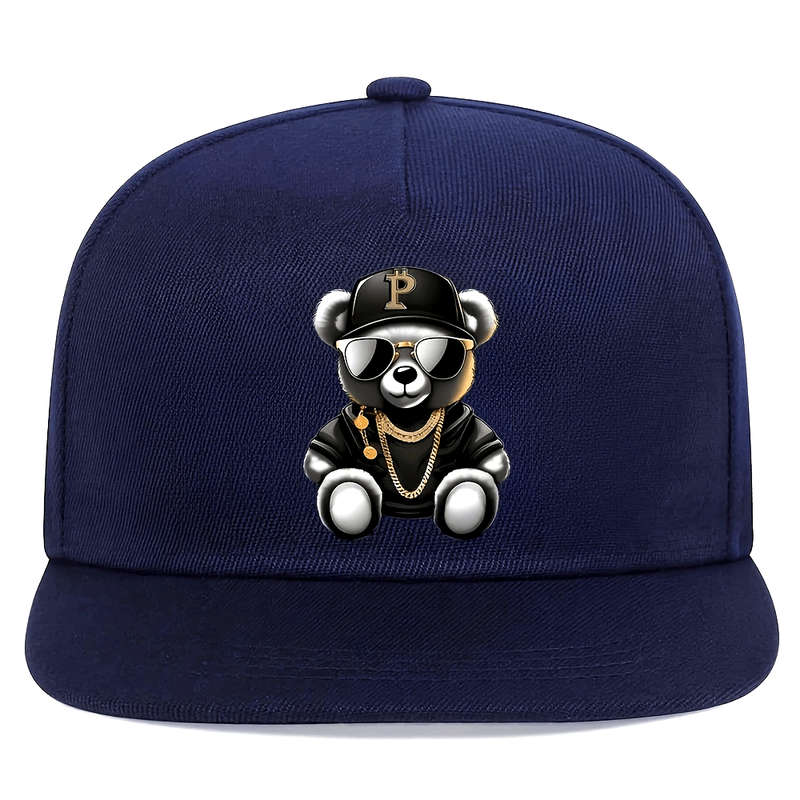 1pc Hip Hop Bear Print Flat Brim Cap Unisex Adjustable Street Style Baseball Hat 100% Polyest