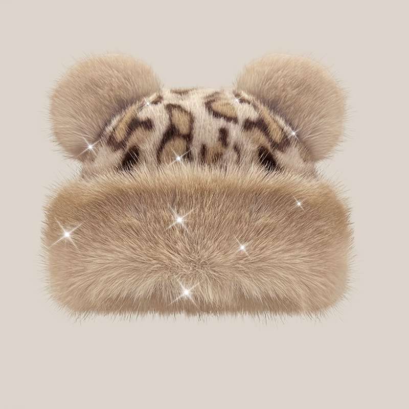 1pc Thick Breathable Faux Fur Leopard Print Beanie with Bear Ears Chic Plush Hat for Women St