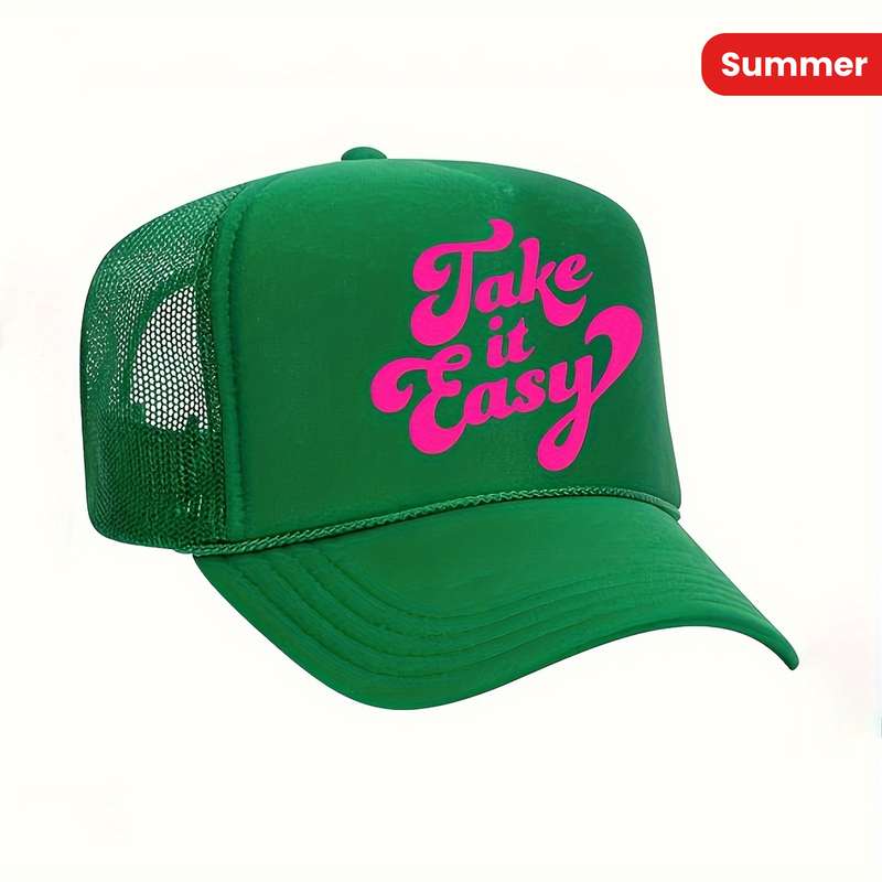 1pc Take It Easy Printed Baseball Cap Breathable Adjustable Trucker Hat with Rope Summer Fashio
