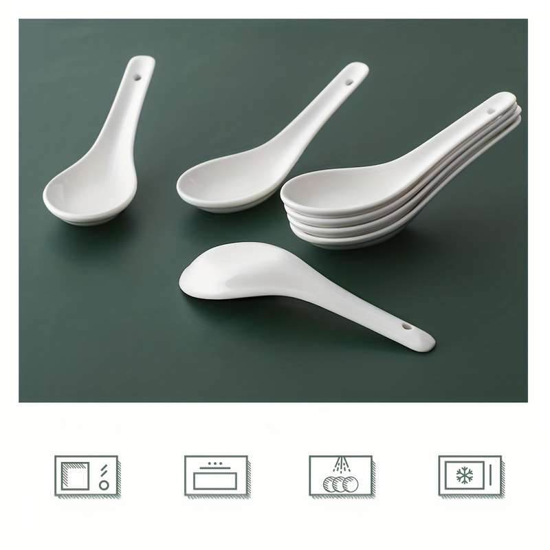 6pcs Ceramic Soup Spoons Set Multipurpose White Dessert Spoons for Vietnamese Pho Miso Wont