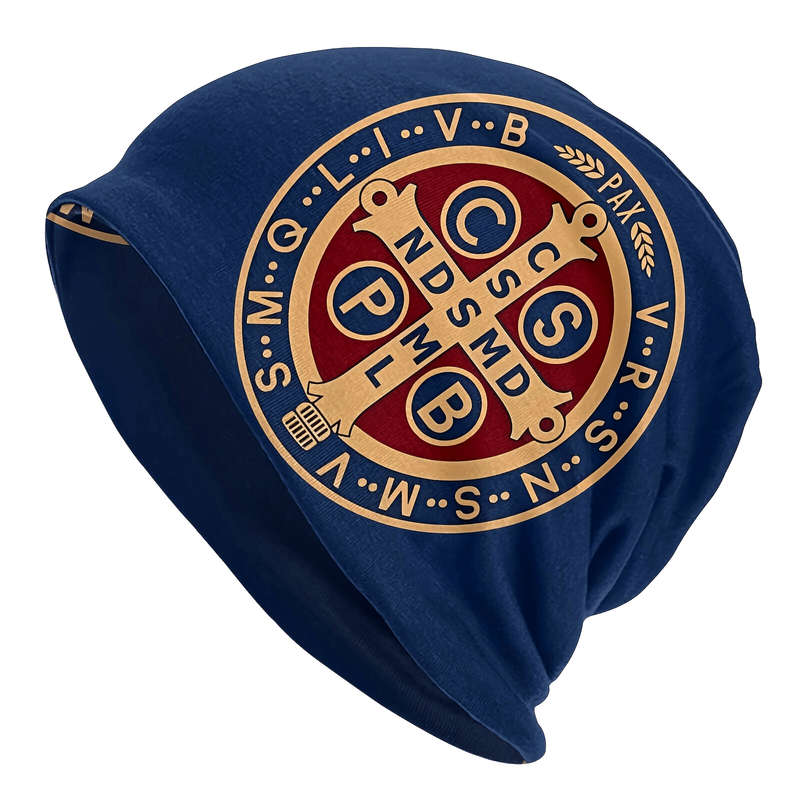 1pc Men's Saint Benedict Medal Print Skull Cap Royal Style Polyester Knit Beanie with Elastane Str