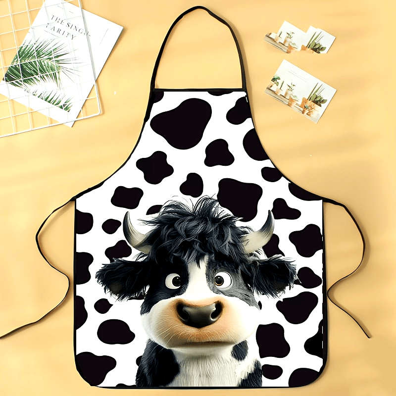 1pc Cartoon Cow Print Apron Unisex Fun Kitchen Apron 100% Polyester Woven Fabric 150gsm Du