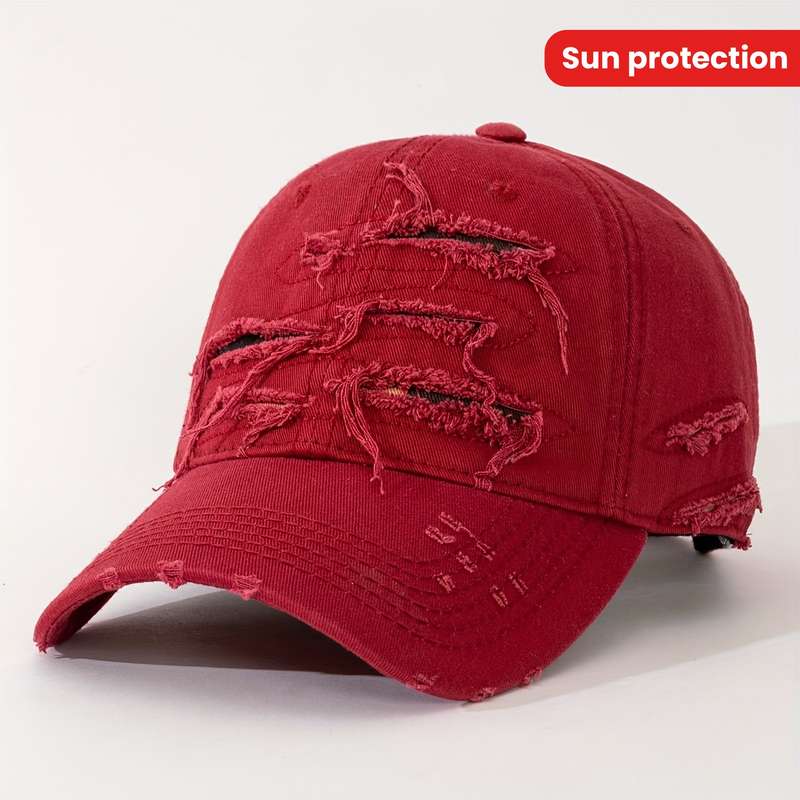 1pc Embroidered Distressed Cotton Baseball Cap Sun Protection Frayed Dad Hat with Embroidery Ad