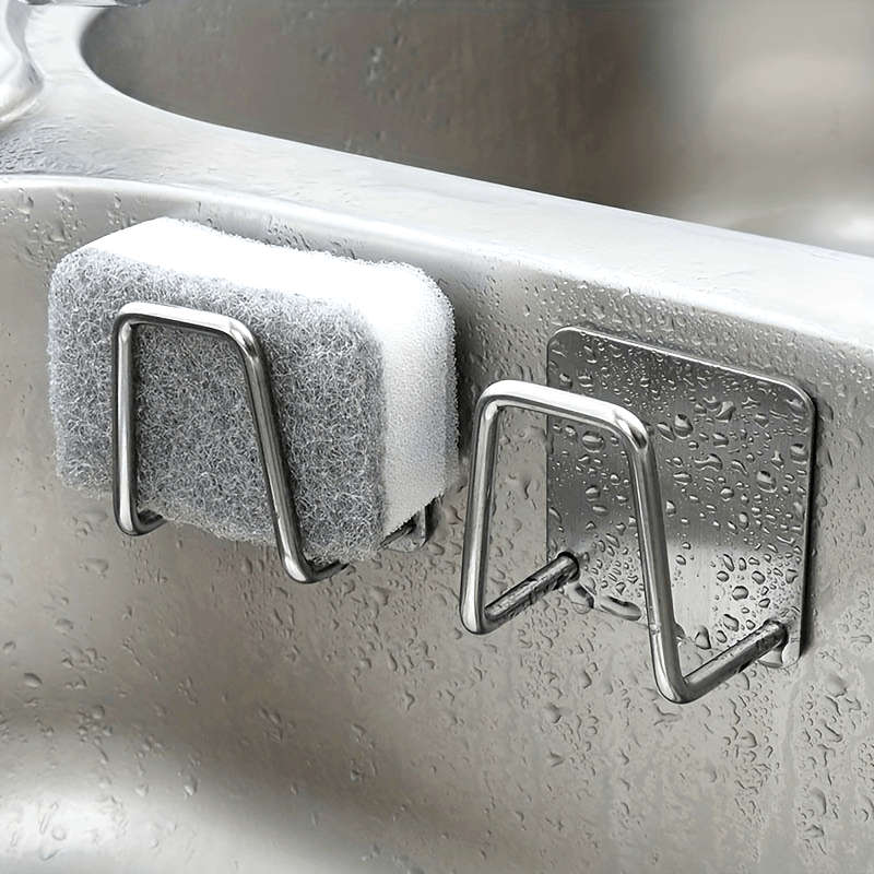 1pc Stainless Steel Sponge Holder No-Drill Wall Mount Design with Dual Hooks Ideal for Kitc