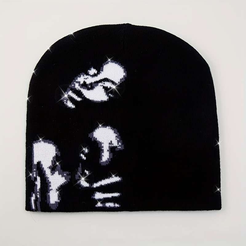 1pc Chic Skull Beanie Black White Jacquard Stretchy Elastic Knit for Women Perfect Casual We