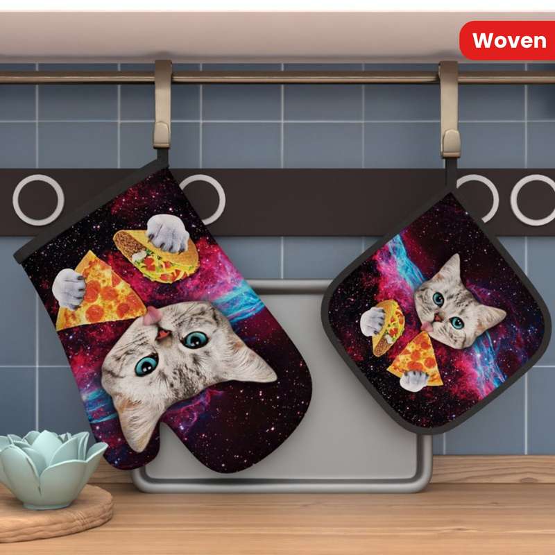 2pcs WhimsyCat Heat-Resistant Polyester Oven Mitts and Pot Holders Set 26.92x17.02 cm Cute Ki