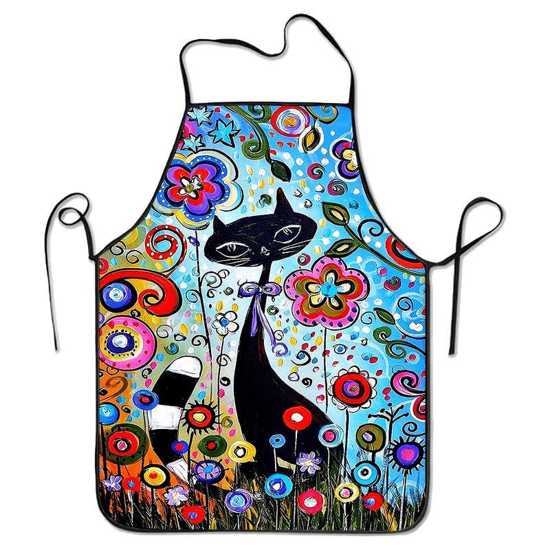 1pc Vibrant Cartoon Cat Floral Apron Polyester Kitchen Essential for Cooking BBQ Painting