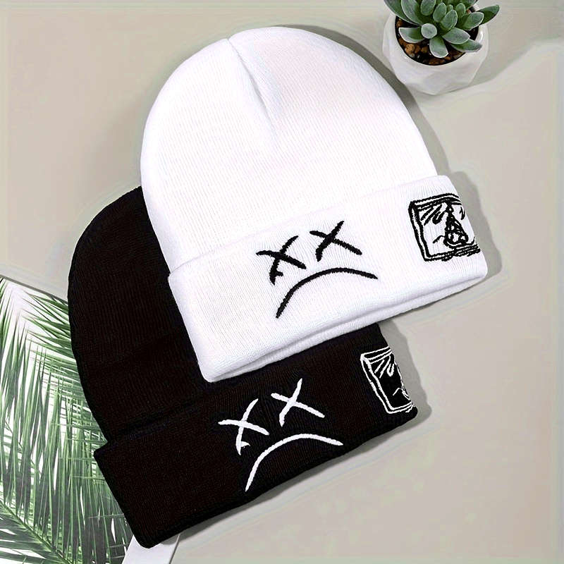 1pc Sad Face Embroidery Graphic Beanie Trendy Black White Knit Hats Casual Skull Cap Hip Hop Cuff
