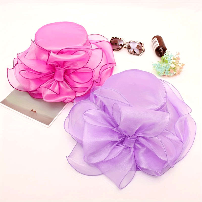 1pc Vintage Organza Sun Hat Solid Color Mesh Flower Decor Derby Hat Foldable Lightweight Travel Bea