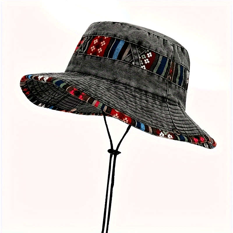 1pc Vintage Colorful Brim Boonie Hat for Women Sporty Woven Sun Hat with Adjustable Chin Strap G