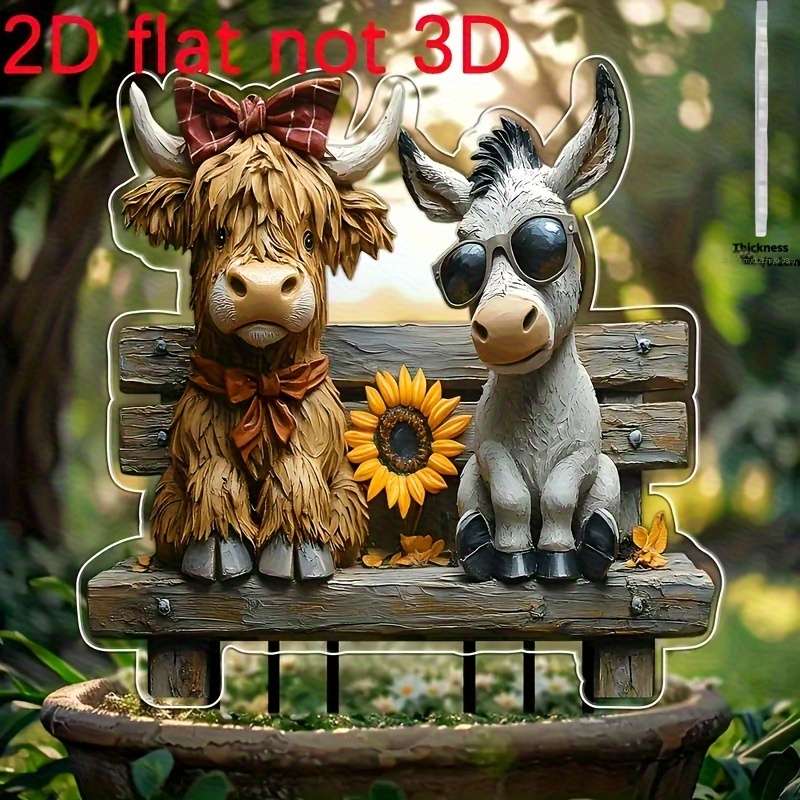 1pc 2D Flat  Country Highland Cow and Donkey Acrylic Garden Stakes Rustic Farmhouse Outdoor Decor