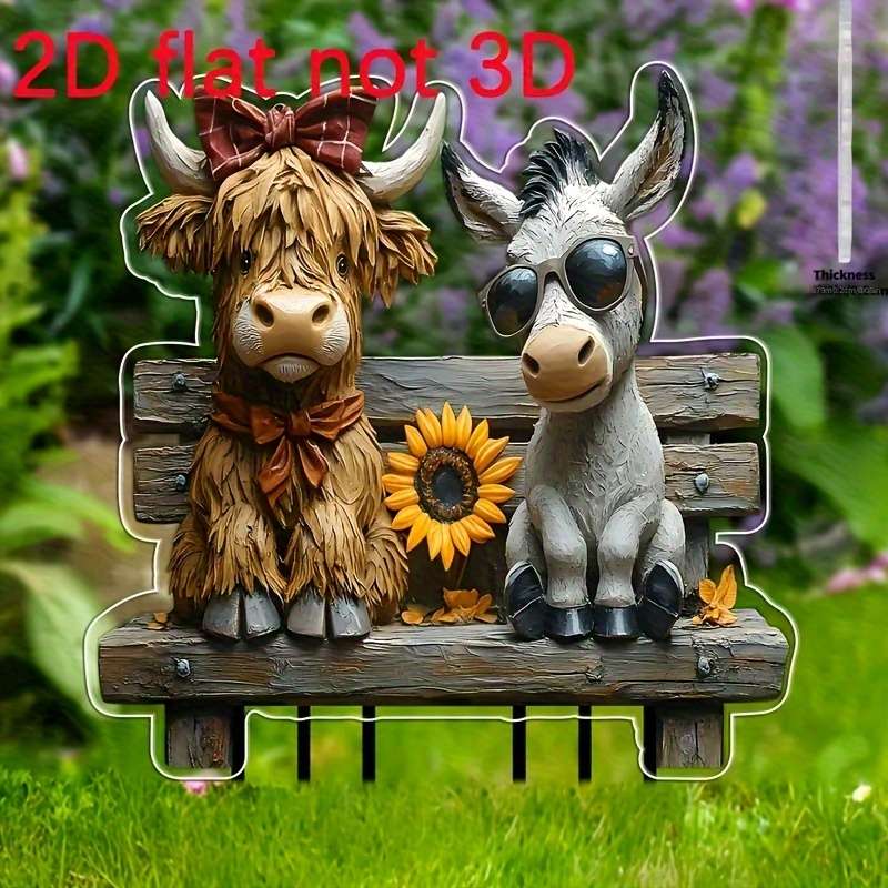 1pc 2D Flat  Country Highland Cow and Donkey Acrylic Garden Stakes Rustic Farmhouse Outdoor Decor