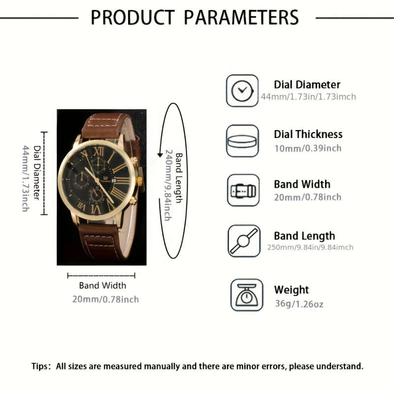 4pcs Men's Elegant Quartz Watch Bracelet Set Fashionable Brown with Golden Accent Calendar Feature