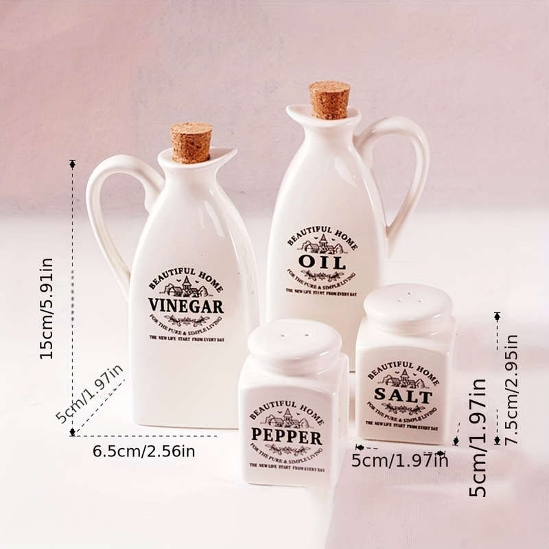 4pcs Ceramic Kitchen Storage Bottles with Cork Lids Rust-Proof Oil Spice Jars Vintage-Insp