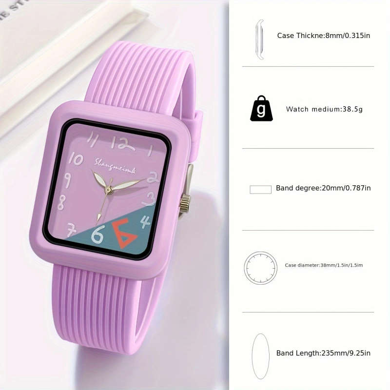 1pc Fashionable Quartz Watch With Striped Silicone Strap Colorblock Dial Rectangular Case Elegant
