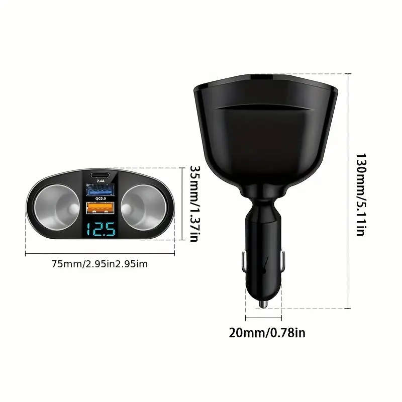 1pc One-Tow-Five Car Charger 2 Car Power Hole 2USB Port 1USB Type-C Port Fast Charging Universal 12/