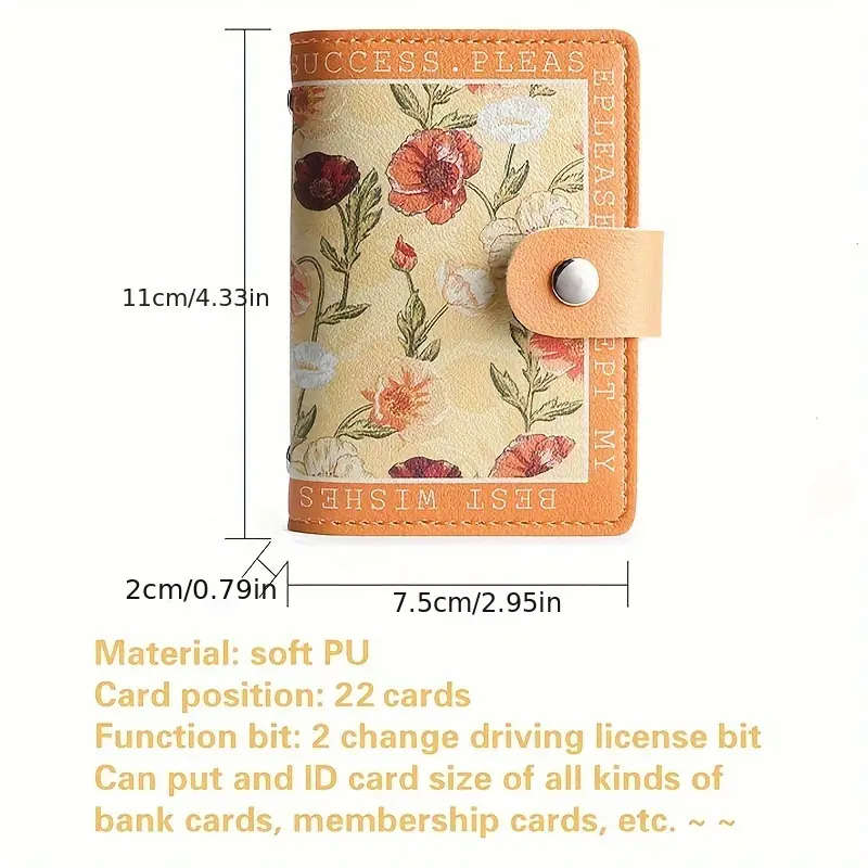 1pc Chic Women's Floral Credit Card Holder Compact Faux Leather Wallet with Snap Closure Large Capac