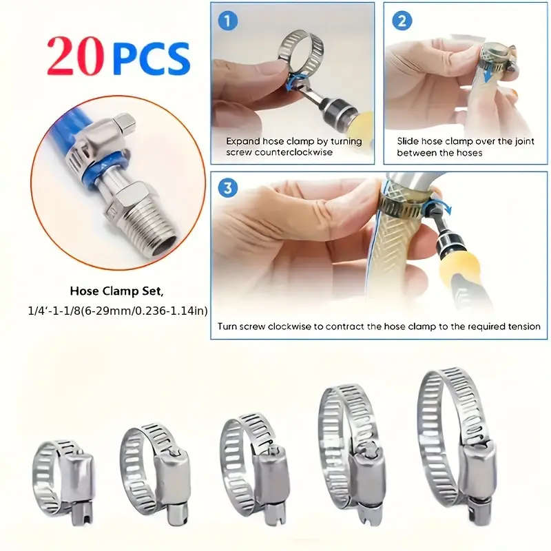 20pcs Premium Stainless Steel Hose Clamp Set  Adjustable Worm Gear for Pipes Intercoolers