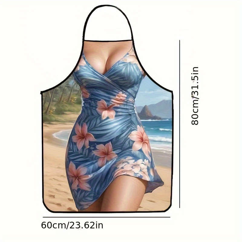 1pc Stylish Tropical Floral Apron Vibrant Blue Pink Flower Design Polyester Woven Fabric