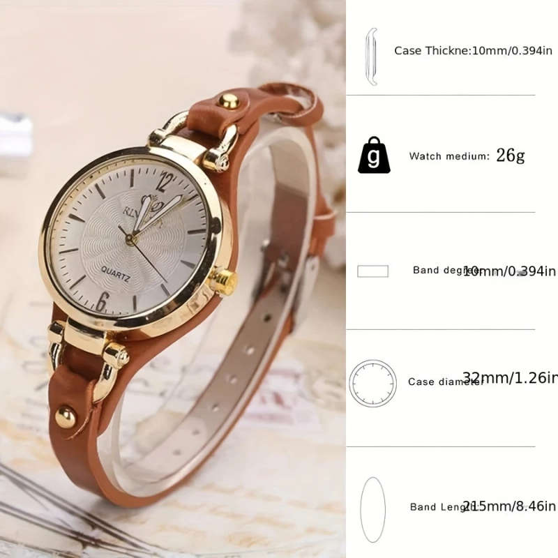 1pc Elegant Women's Quartz Watch Minimalist Brown Faux Leather Strap Golden-Tone Case White Dial Non
