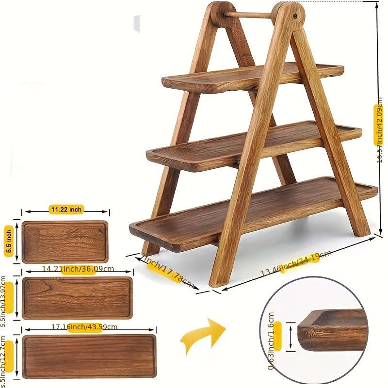 3-Tier Wooden Serving Tray Acacia Hardwood No Power Required Kitchen Organizer Buffet Displ