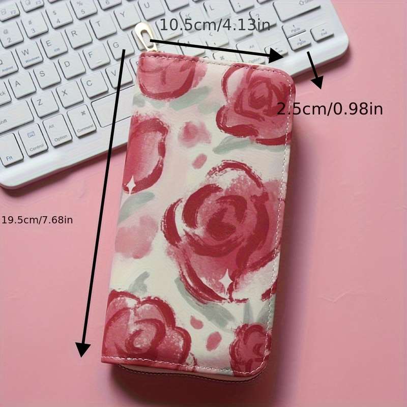1pc Women'S Floral Print Long Zipper Wallet Large Capacity Synthetic Faux Leather Clutch with Mult