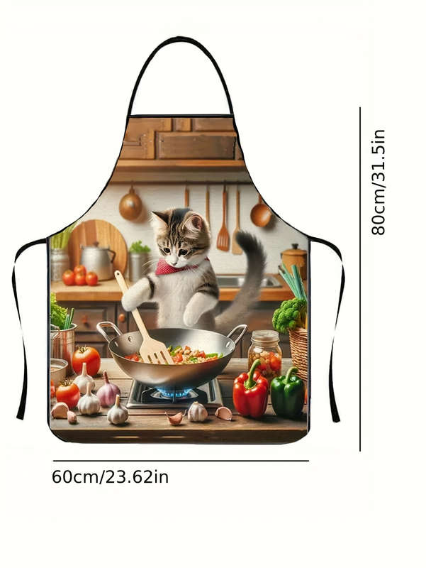 1pc Cartoon Cooking Cat Apron Casual Style 100% Polyester Non-Stretch Fabric Woven 150g m?
