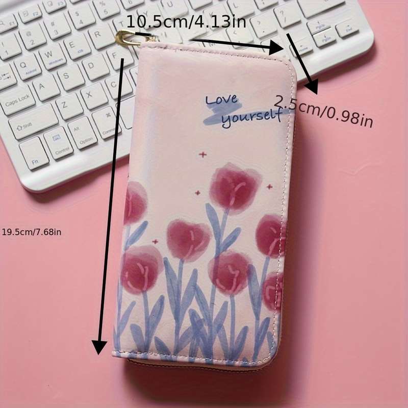 1pc Women'S Casual Floral Zipper Wallet with Multiple Card Slots Large Capacity Coin Pouch with "