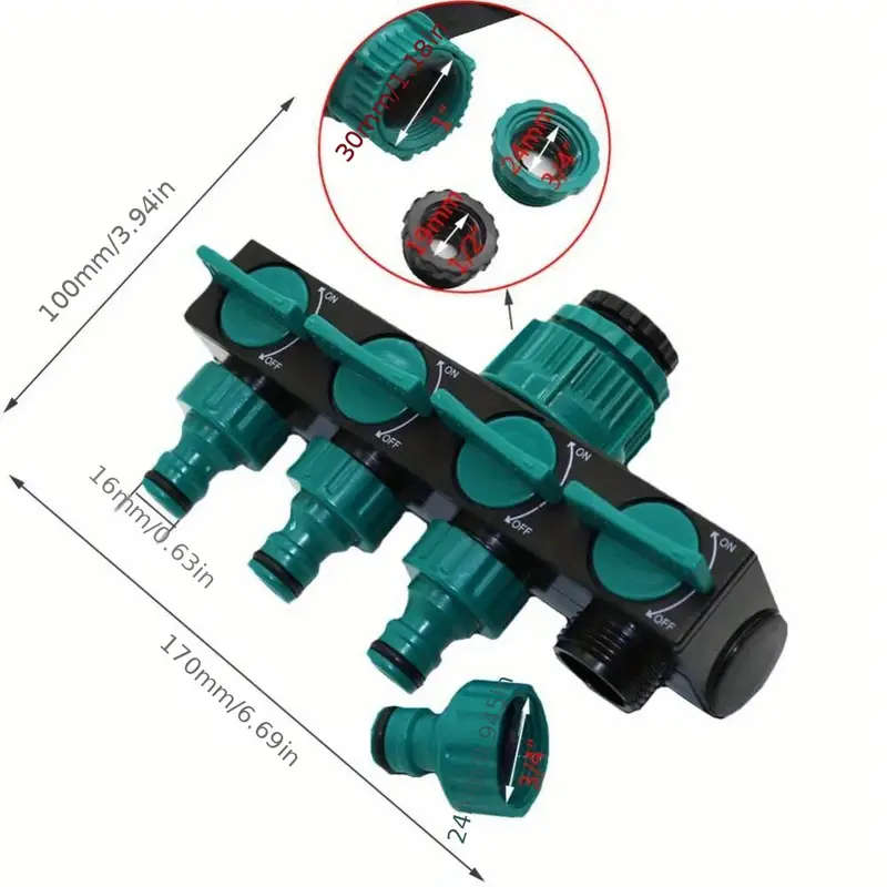 4Way Garden Hose Splitter  1" to 3/4"  1/2" Threads Durable ABS Plastic Green with Black - Essential
