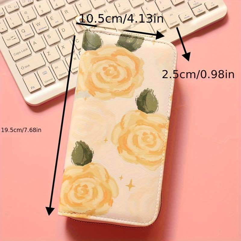 1pc Women'S Fashionable Long Zipper Wallet with Floral Pattern Double Compartment Multiple Card