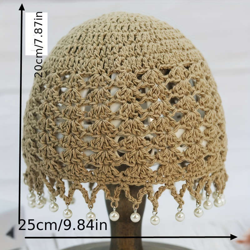 1pc Elegant Hollow Out Crochet Beanie Vintage Beaded Tassel Solid Color Knit Hats Lightweight Skull
