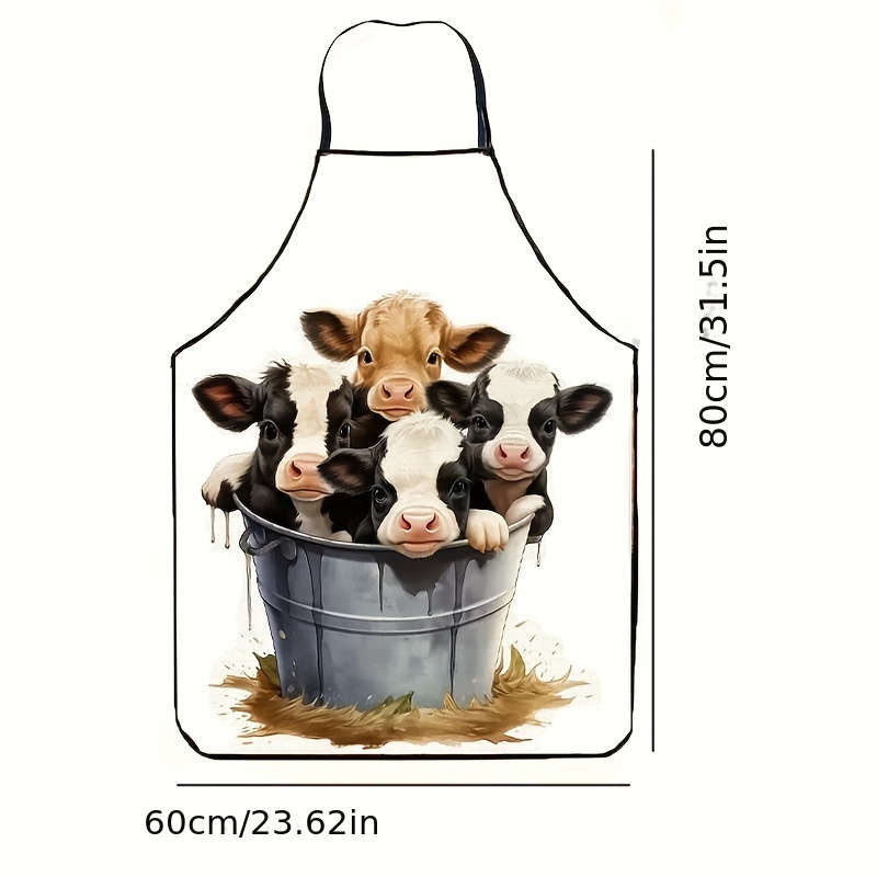 1pc Stylish Cartoon Cow Print Apron for Men Women Polyester Kitchen Dining Wear with Ador