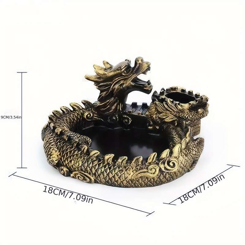 1pc Vintage Style Dragon Ashtray Resin Crafted Round Shape Durable No Electricity Required wit