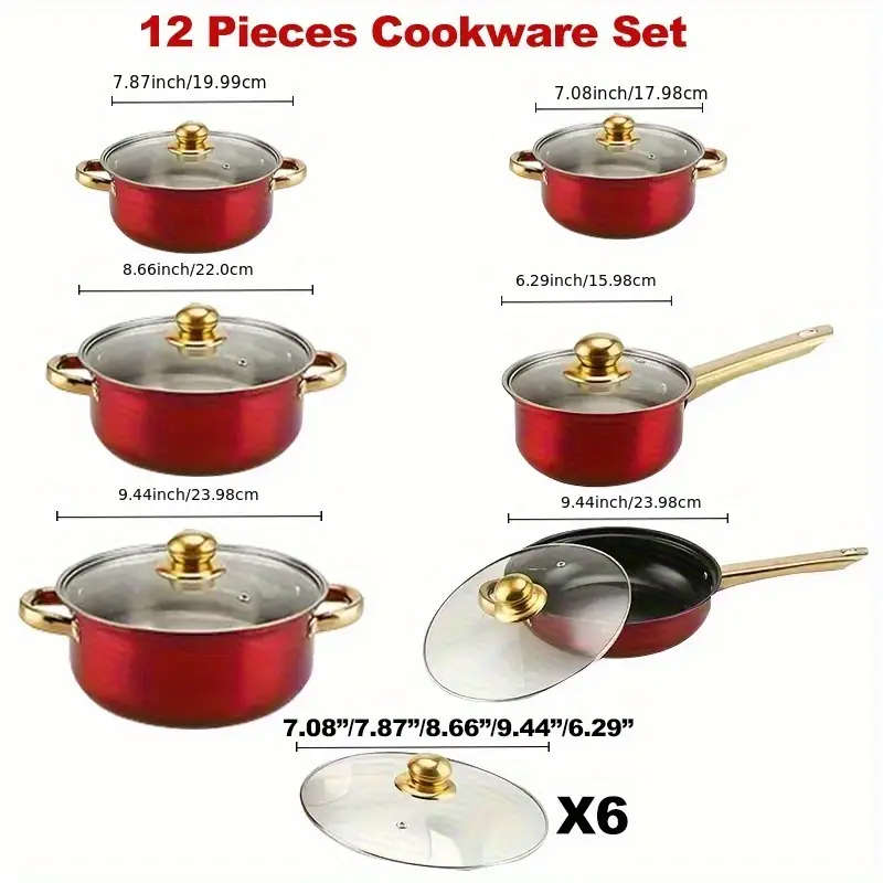 12-Piece Red Stainless Steel Frying Pan Set with Lids