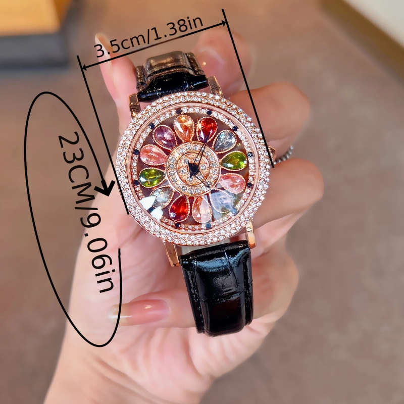 1pc Fashionable Quartz Wrist Watch for Women with Colorful Rhinestone Embellishments Rotating Dial A