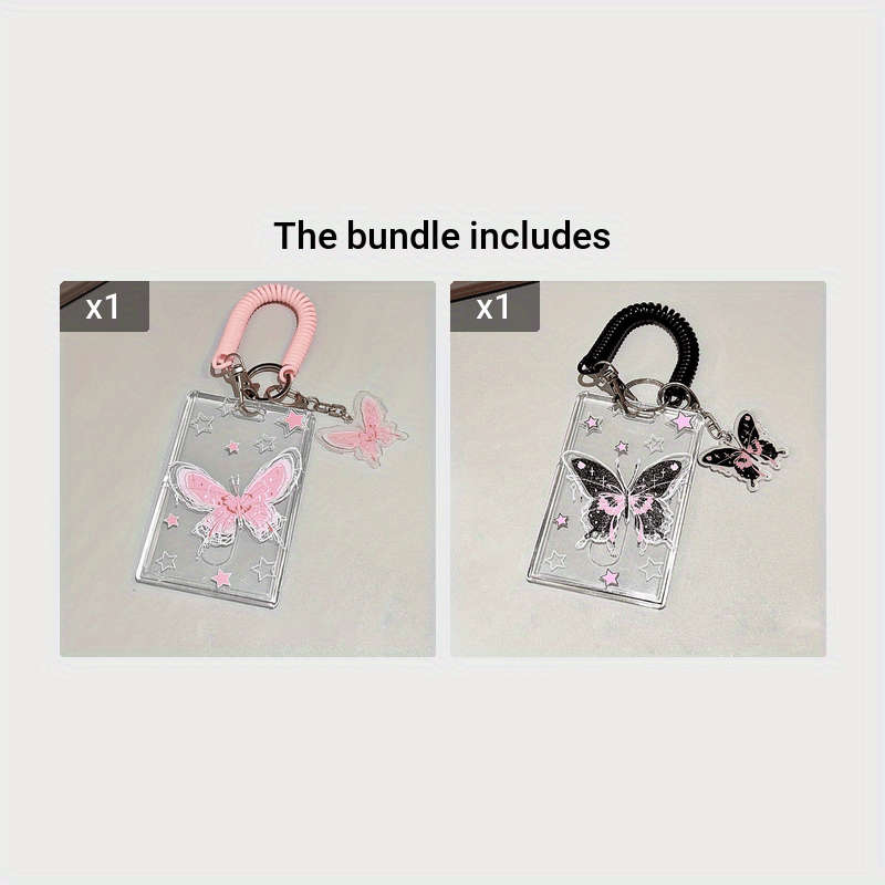 1pc Y2K-Inspired Butterfly Design Transparent ID Card Holder with Keychain Durable Plastic Anti-
