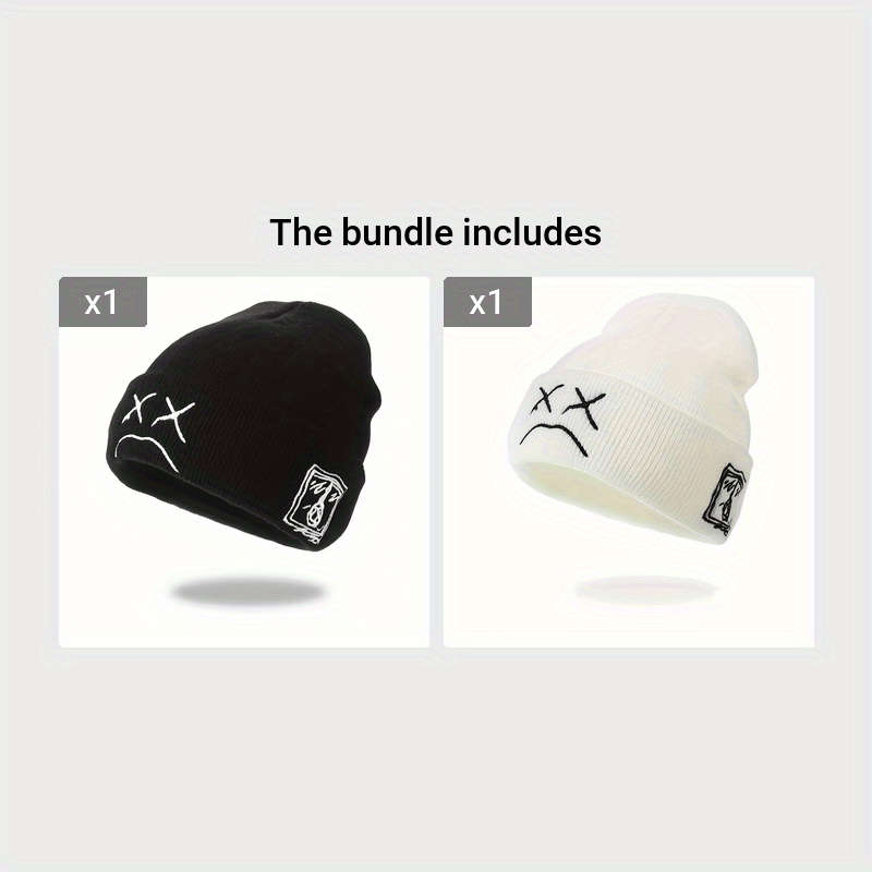 1pc Sad Face Embroidery Graphic Beanie Trendy Black White Knit Hats Casual Skull Cap Hip Hop Cuff