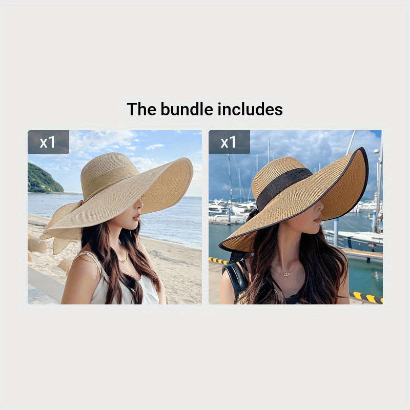 1pc Women's Extra Large Brim Summer Hat Foldable Anti-UV Protection Beach Hat With Ribbon Bow