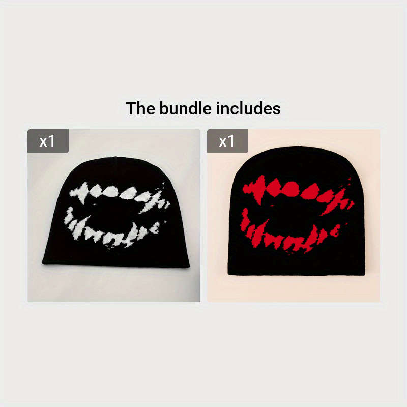 1pc Tooth Graphic Y2K Beanie Black White Elastic Knit Hats Hip Hop Skull Cap Unisex Warm Beanies