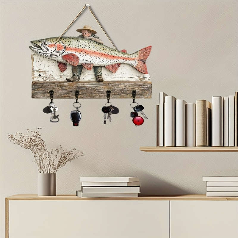 1 Piece2Dflat Fisherman and Rainbow Trout Wooden Signs Simple Colored Wooden and Home Keychain wi