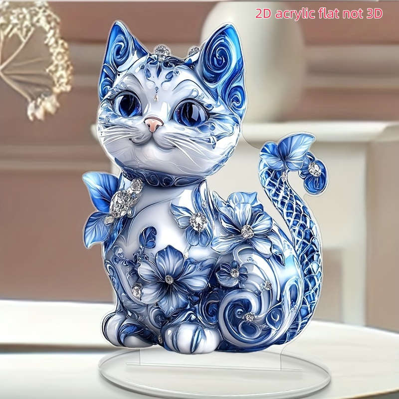 1pc 2D Flat   Bohemian-StylePrinted Acrylic Cat Figurine with Blue Floral Gemstone Ac