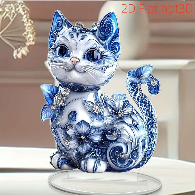 1pc 2D Flat   Bohemian-StylePrinted Acrylic Cat Figurine with Blue Floral Gemstone Ac
