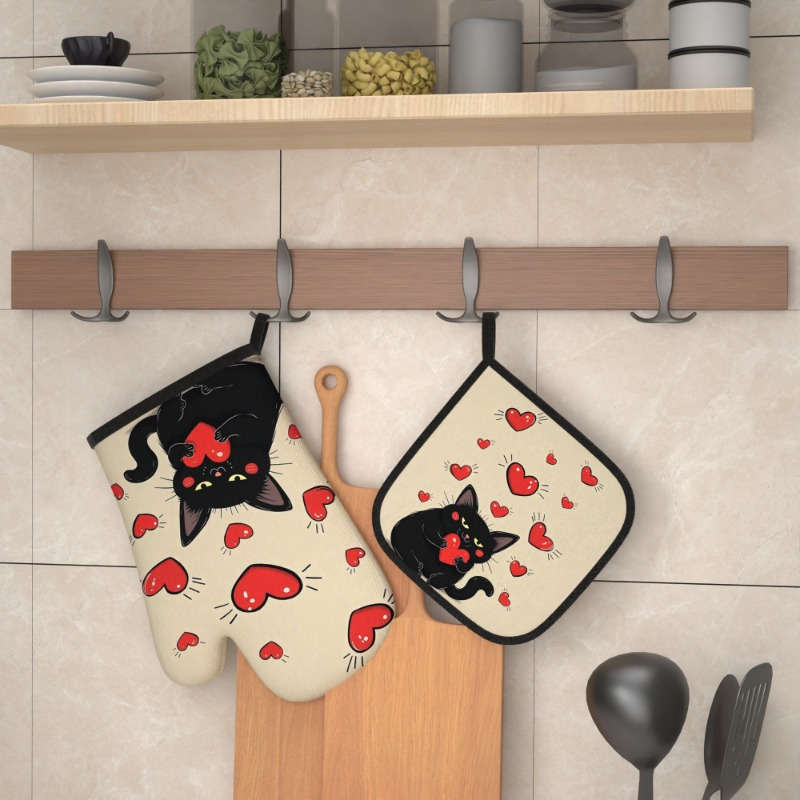 2pcs 26.92x17.02 cm Heat Resistant Oven Mitts And Potholders Fun Creative Picture Cat Holding R