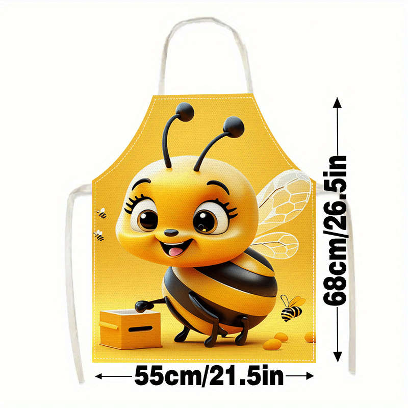 1pc Cartoon Bee Linen Apron 100% Linen Woven Fabric 192 Gsm Sleeveless Durable Kitchen Coo