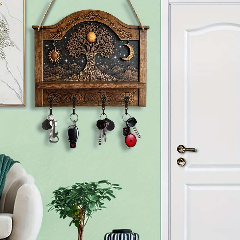 1pc Tree of Life Wall Art with Moon  Sun DesignTraditional Wooden Key Holder Organizer 30.0cm x