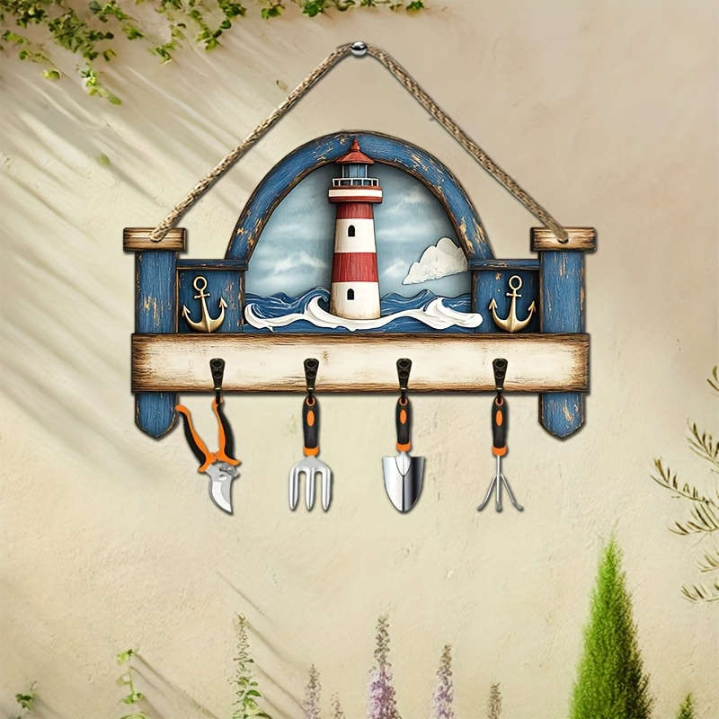 Vintage Nautical Lighthouse Wooden Key Holder2D Flat Design with Four Metal Hooks Colorful Wall