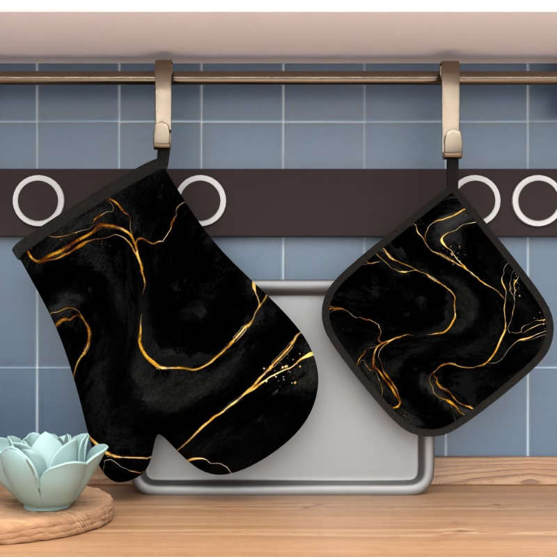 2pcs 26.92x17.02 cm Oven Mitts And Potholders Black Background Gold Line Texture Pattern Friend